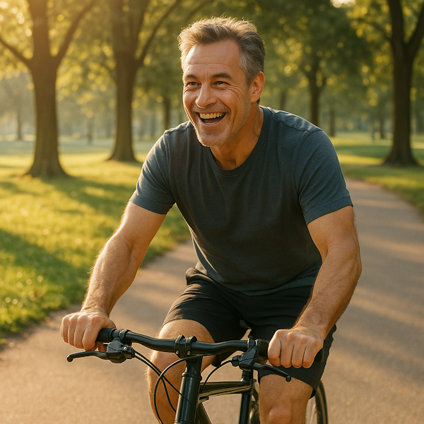 Mann um die 50 beim Radfahren im Park, energische Ausstrahlung, Morgenlicht