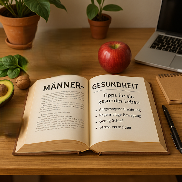 Aufgeschlagenes Buch über Männergesundheit neben natürlichen Produkten, inspirierender Arbeitsplatz